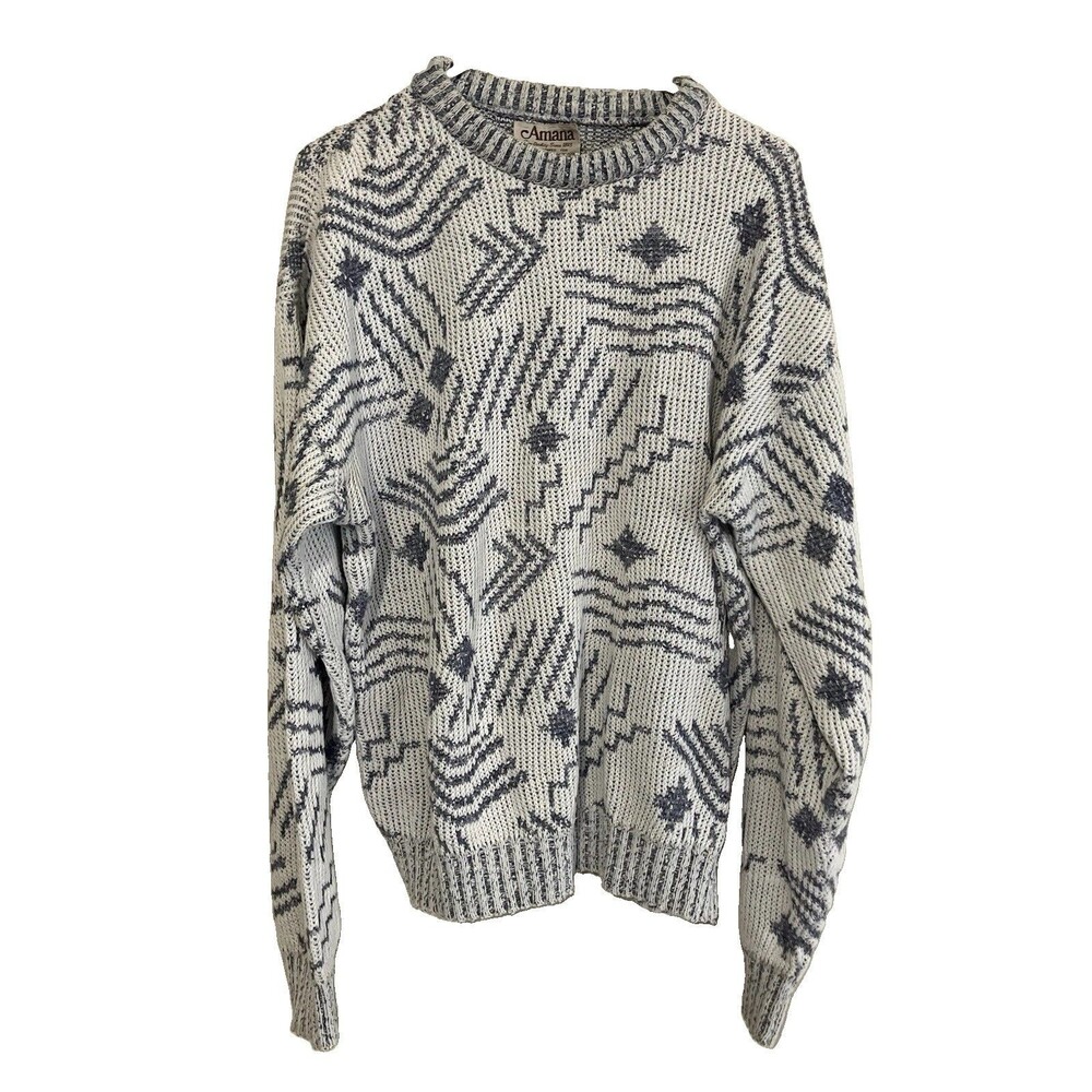 Vtg Amana Woolen Mill Grandpa Sweater Geometric Knit Pullover Large Or XL USA